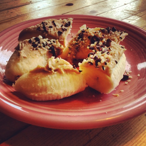 cashew butter banana with cacao nibs and hemp seeds