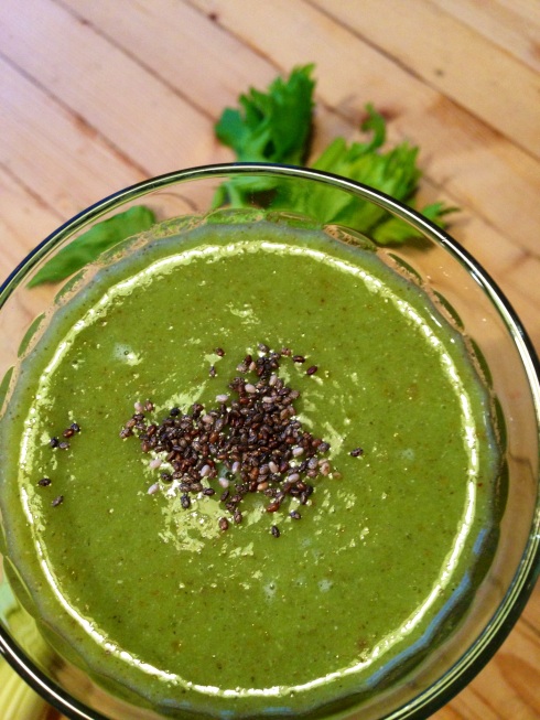 the wake up call green smoothie ~celery, spinach, chia seeds, coconut water, banana and pineapple~